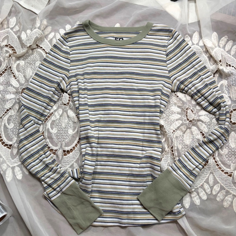 Y2K Fall Basic Chic Striped Rib Knit Long Sleeve Top Green M